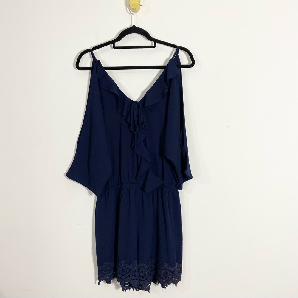 Umgee Navy Blue Cold Shoulder Relaxed Fit Lace Trim Ruffle Romper